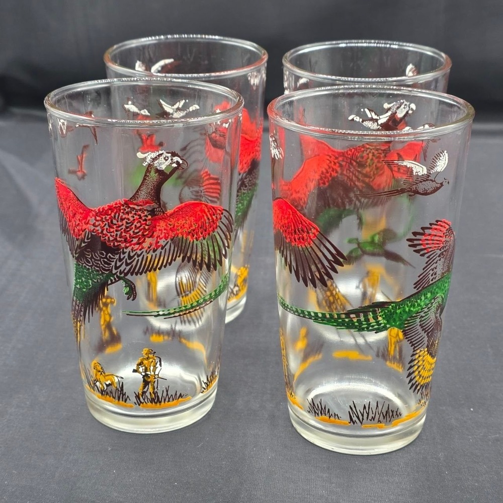 Vintage Set (4) Hazel Atlas Pheasants 12 oz Flat Tumbler Glasses Hunting Scene